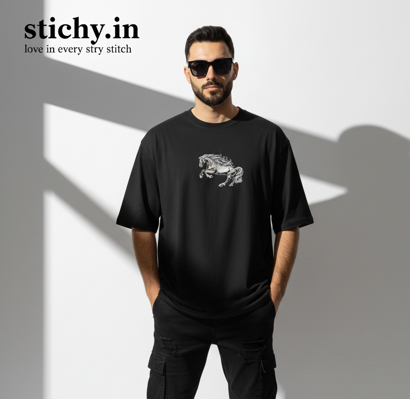 Black Oversized T-Shirt – Wild Horse EMBROIDED | 240 GSM Cotton