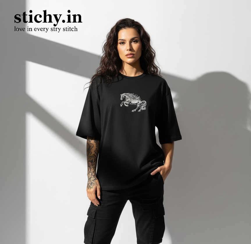 Black Oversized T-Shirt – Wild Horse EMBROIDED | 240 GSM Cotton
