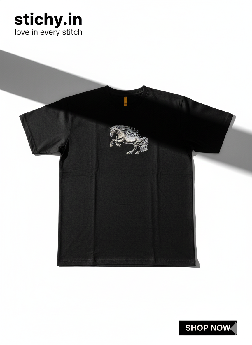 Black Oversized T-Shirt – Wild Horse EMBROIDED | 240 GSM Cotton